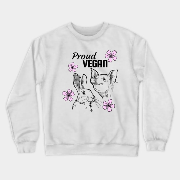 Proud vegan design featuring pig, rabbit and pink flowers Crewneck Sweatshirt by Purrfect